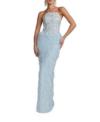 Embellished Strapless Feather Gown by MAC DUGGAL