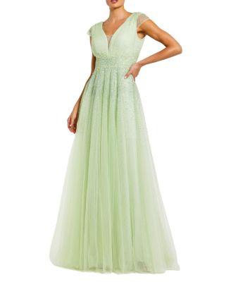 Embellished Tulle Cap Sleeve V Neck Gown by MAC DUGGAL