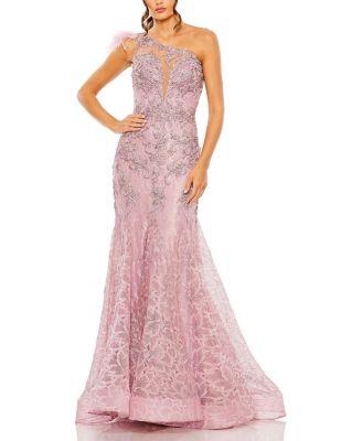 Embroidered Applique Feathered One Shoulder Gown by MAC DUGGAL