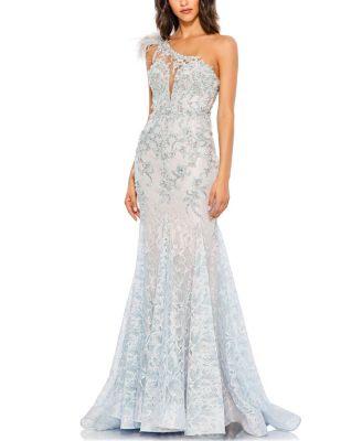 Embroidered Applique Feathered One Shoulder Gown by MAC DUGGAL