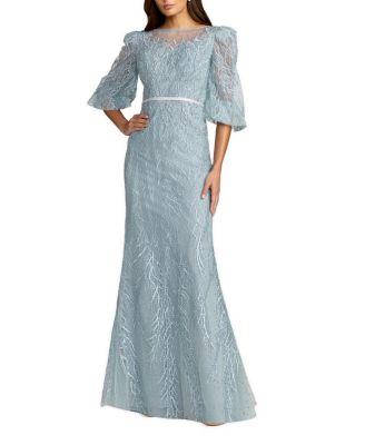 Embroidered Beaded Boat Neck Gown with Illusion Puff Sleeves by MAC DUGGAL
