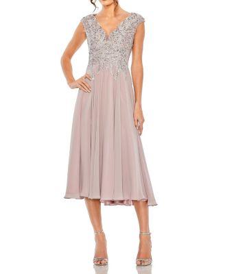 Embroidered Beaded Midi Dress with Cap Sleeves by MAC DUGGAL