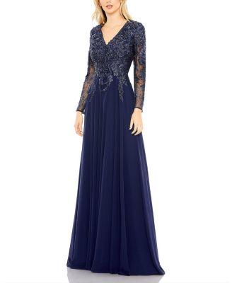 Embroidered Illusion Long Sleeve V-Neck Gown by MAC DUGGAL