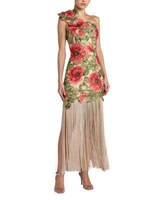 Embroidered One Shoulder Dress With Fringe Hem by MAC DUGGAL
