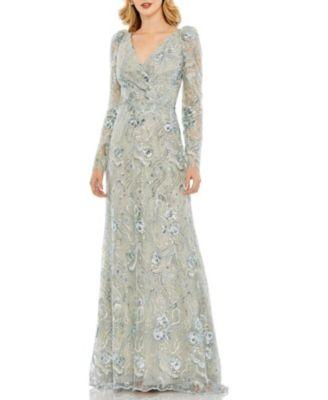 Embroidered Wrap Over Puff Sleeves Trumpet Gown by MAC DUGGAL