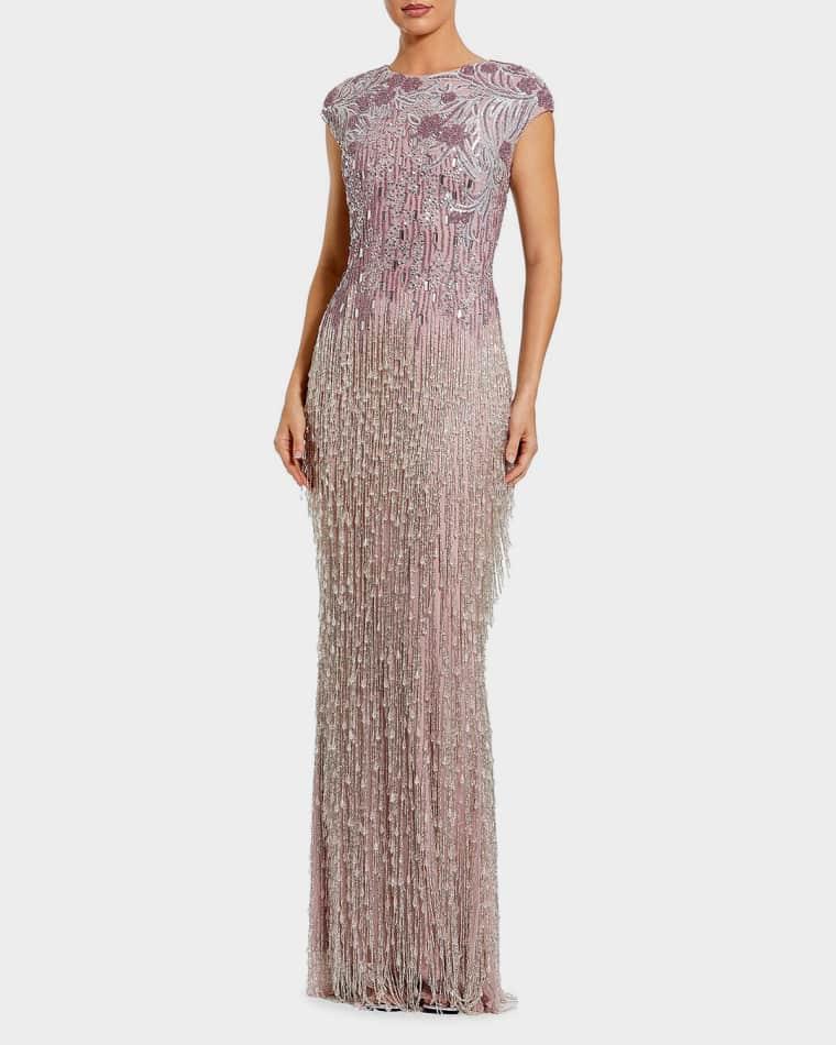 Evening Embellished Mesh Cap-Sleeve Gown by MAC DUGGAL