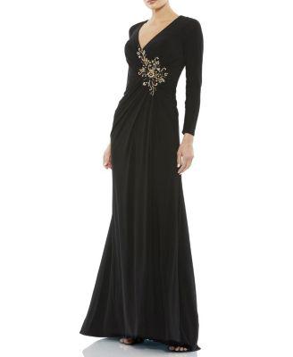 Faux Wrap Long Sleeve Gown w/ Applique Detail by MAC DUGGAL