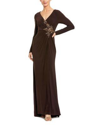 Faux Wrap Long Sleeve Gown w/ Applique Detail by MAC DUGGAL