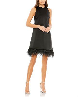 Feather Hem High Neck A-Line Dress by MAC DUGGAL