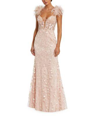 Feather Straps Sheer Applique Bustier Gown by MAC DUGGAL