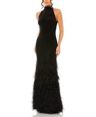 Feather Tiered Detail Jersey Halter Gown by MAC DUGGAL