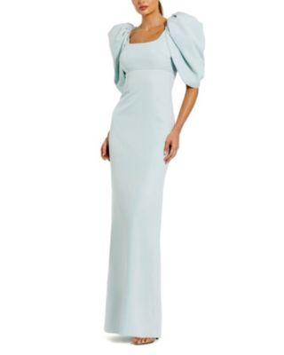 Fitted Crepe Scoop Neck Gown With Puff Sleeves by MAC DUGGAL