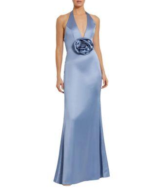 Fitted Satin Sleeveless Halter Gown with 3D Flower by MAC DUGGAL