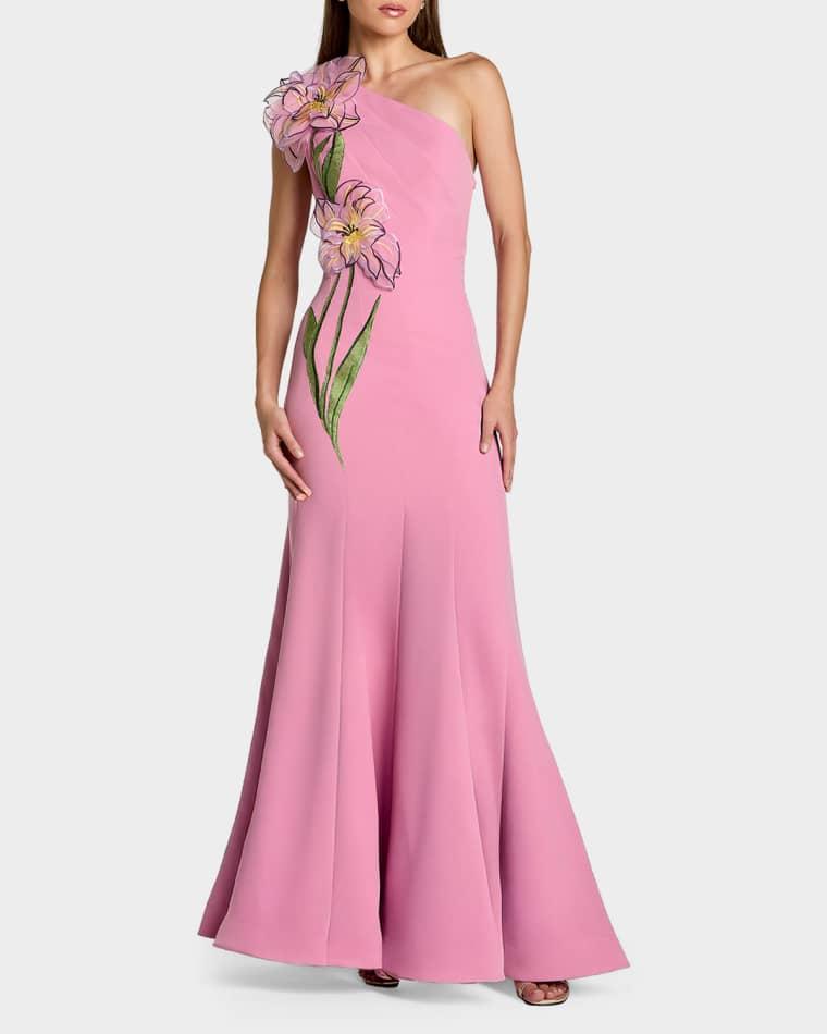 Floral Appliqué One-Shoulder Gown by MAC DUGGAL