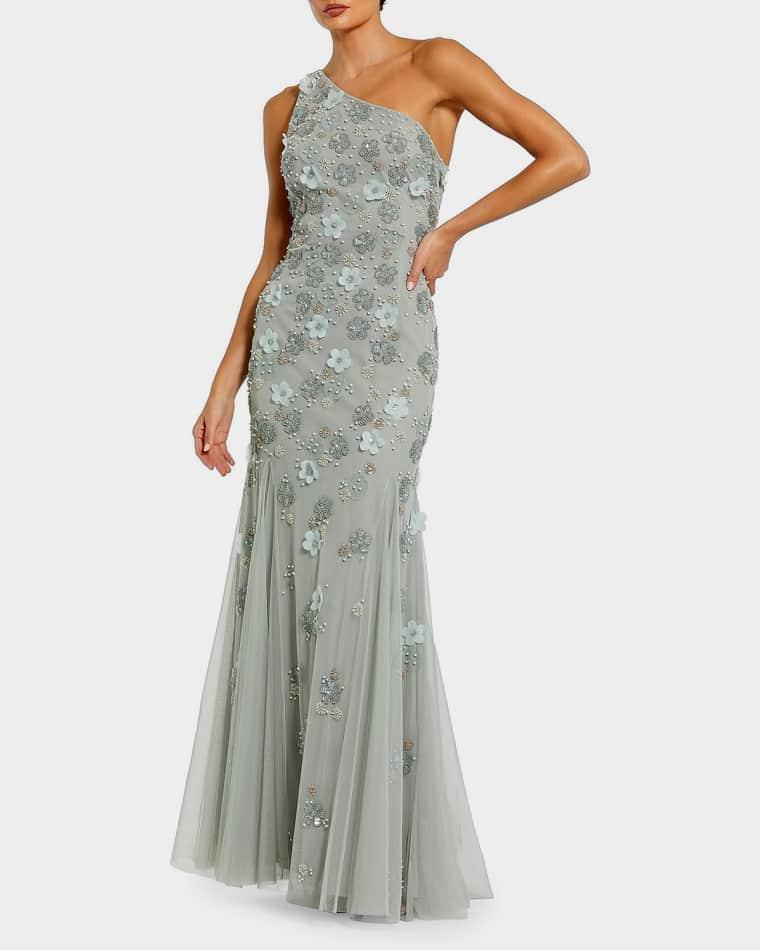 Floral Appliqué One-Shoulder Gown by MAC DUGGAL
