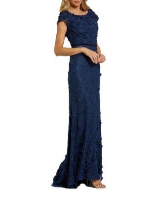 Floral Applique Boat Neck Cap Sleeve Gown by MAC DUGGAL
