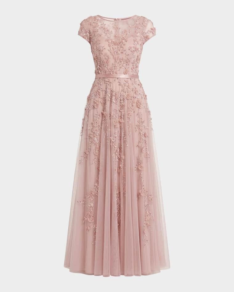 Floral Applique Cap-Sleeve A-Line Gown by MAC DUGGAL