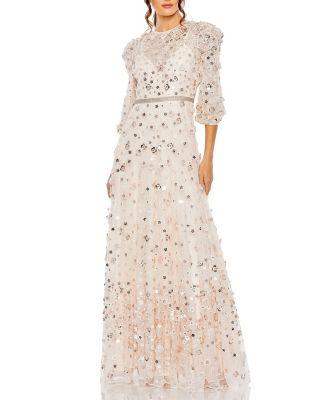 Floral Applique Puff Sleeve High Neck A-Line Gown by MAC DUGGAL