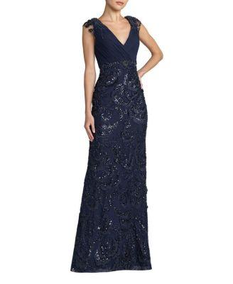 Floral Beaded Chiffon V-Neck Evening Gown by MAC DUGGAL