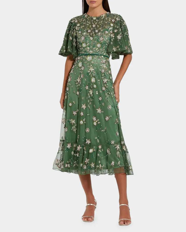 Floral Beaded Mesh Midi Dress by MAC DUGGAL