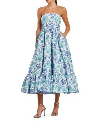 Floral Brocade Strapless A Line Midi Dress by MAC DUGGAL