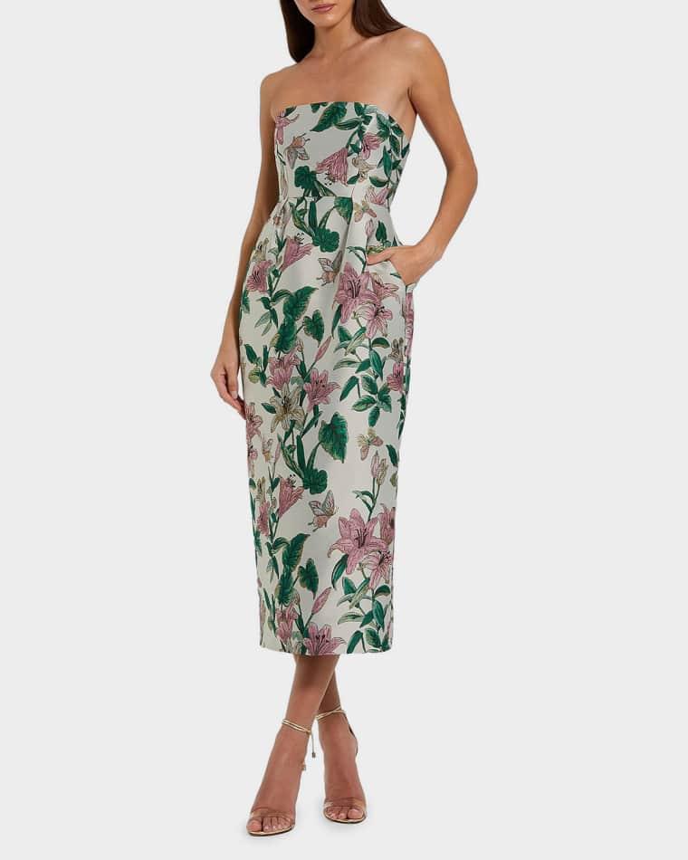 Floral Brocade Strapless Midi Dress by MAC DUGGAL