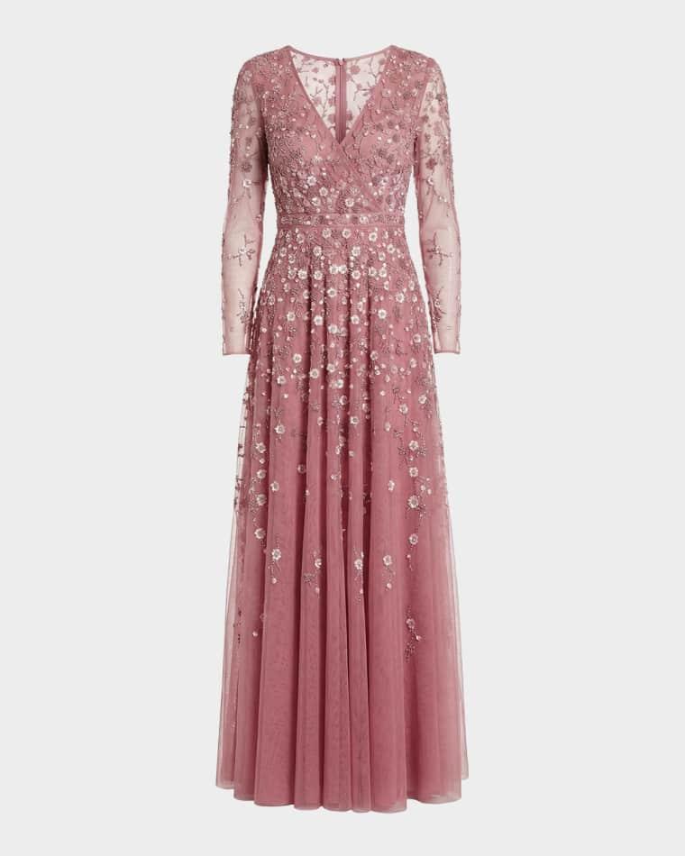 Floral-Embellished Long-Sleeve A-Line Gown by MAC DUGGAL