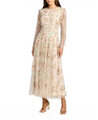 Floral Embellished Long Sleeve Mesh Midi Dress by MAC DUGGAL