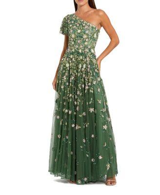 Floral Embellished Mesh One Shoulder Gown by MAC DUGGAL