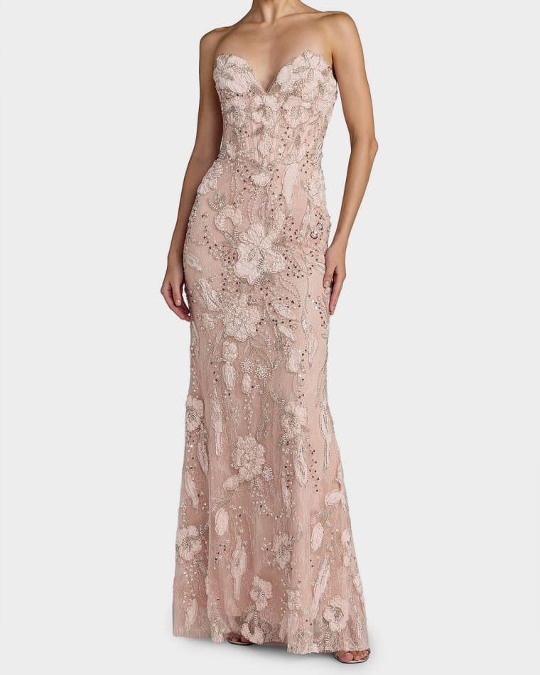 Floral Embellished Mesh Strapless Column Gown by MAC DUGGAL