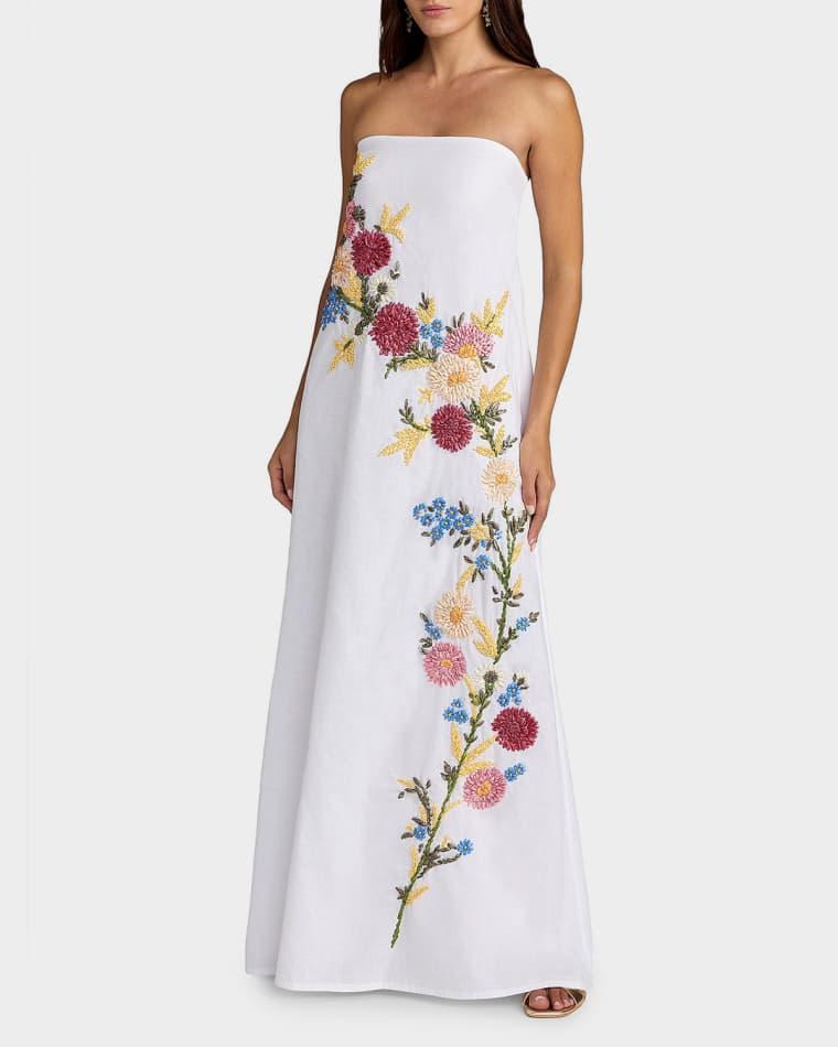 Floral Embroidered Linen Strapless Trapeze Gown by MAC DUGGAL