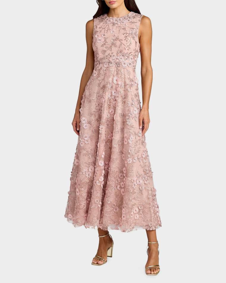 Floral Embroidered Round-Neck Midi-Dress by MAC DUGGAL