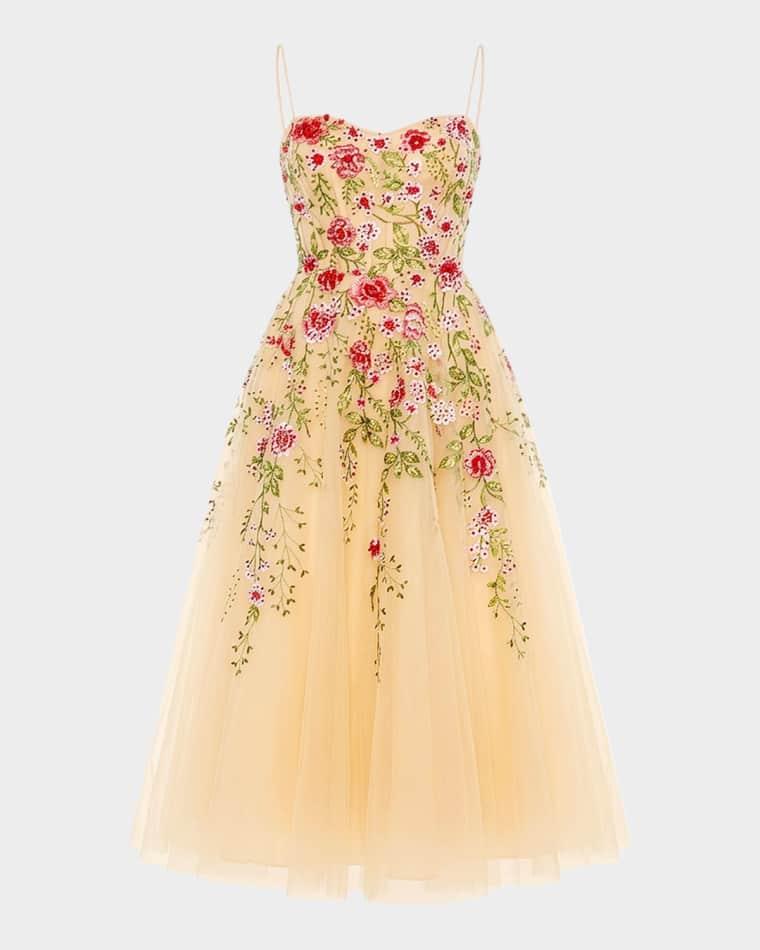 Floral-Embroidered Tulle Midi Dress by MAC DUGGAL