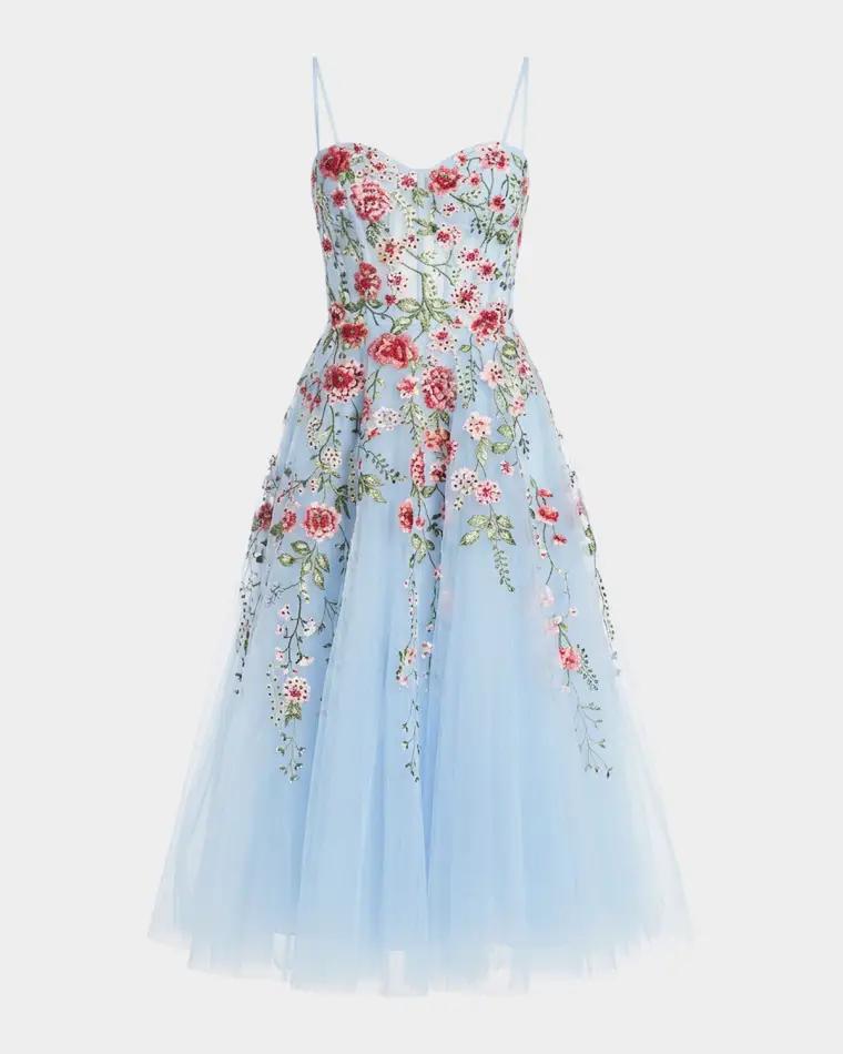 Floral-Embroidered Tulle Midi Dress by MAC DUGGAL