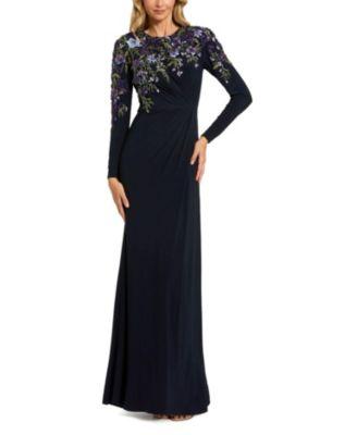 Floral Embroidery Embellished Detail Long Sleeve Fitted Jersey Gown by MAC DUGGAL