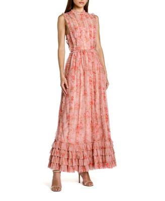 Floral Mesh High Neck Micro Ruffle Midi Dress by MAC DUGGAL