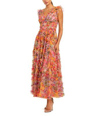 Floral Mesh Ruffle V Neck Ankle Dress by MAC DUGGAL
