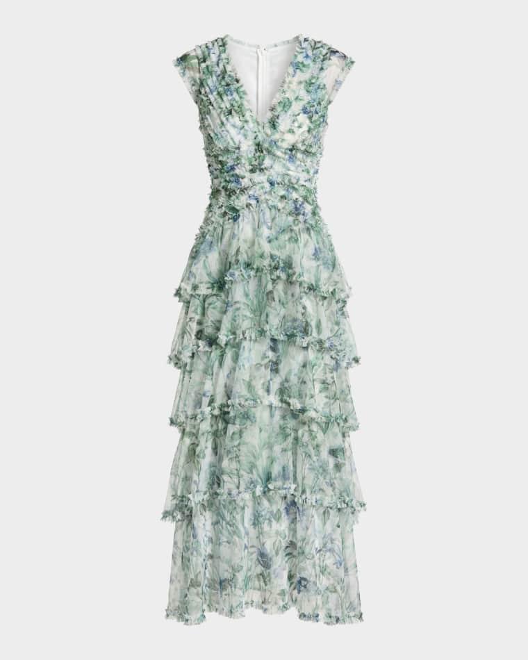 Floral Mesh Ruffled V-Neck Maxi Dress by MAC DUGGAL