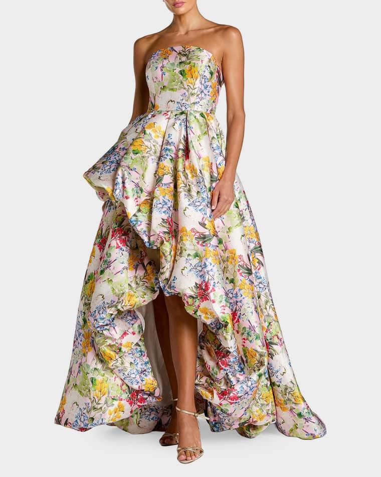 Floral Mikado Strapless High-Low Bubble Hem Gown by MAC DUGGAL