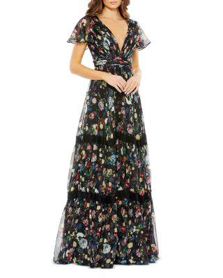 Floral Plunge Neck Gown by MAC DUGGAL