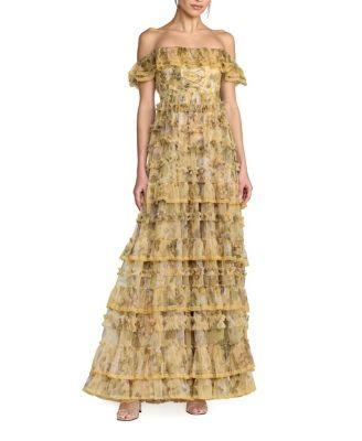 Floral Print Off-the-Shoulder Ruffle Tiered Mesh Gown by MAC DUGGAL