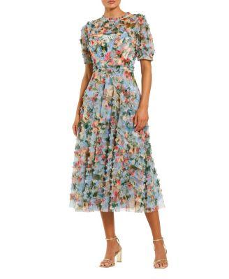Floral Printed Mesh Ruffle High Neck Midi Dress by MAC DUGGAL