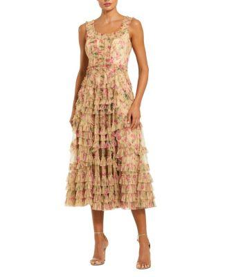 Floral Printed Sleeveless Ruffle Midi Dress by MAC DUGGAL