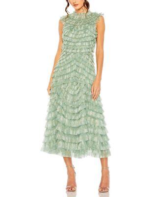 Floral Ruffle Tiered Mesh Mock Neck Sleeveless Dress by MAC DUGGAL
