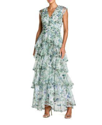 Floral V Neck Tiered Ruffle Maxi Dress by MAC DUGGAL