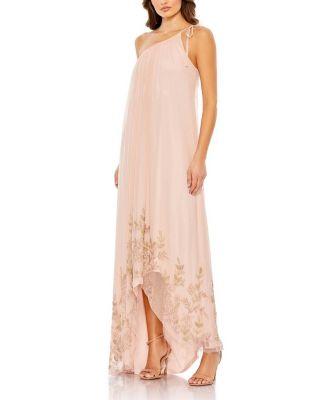 Flowy One Shoulder Asymmetrical Beaded Gown by MAC DUGGAL