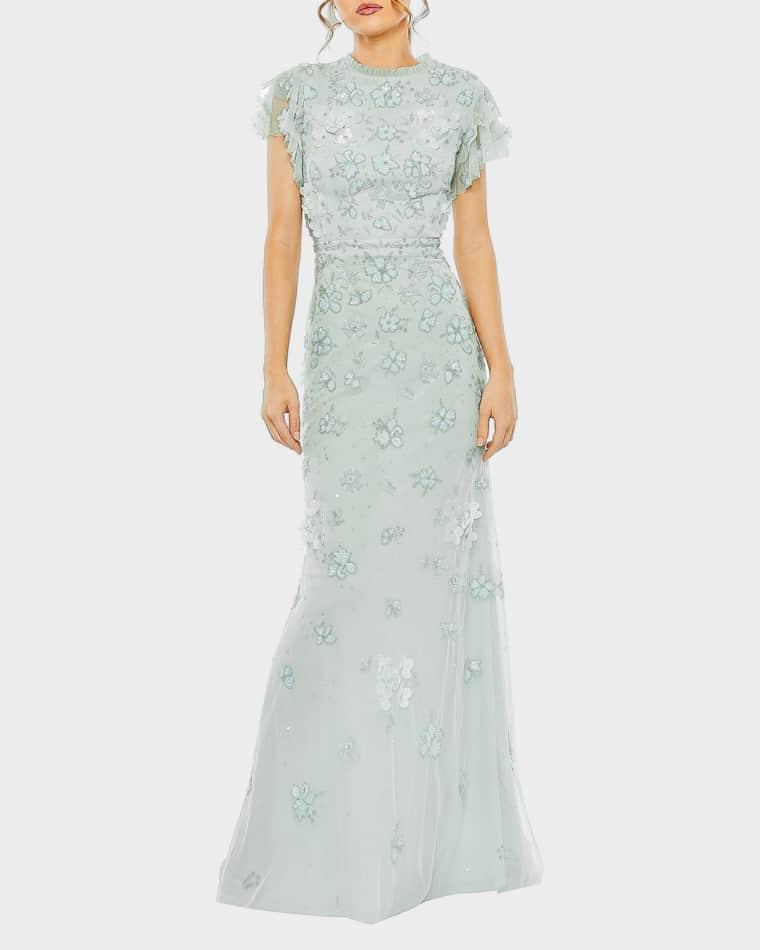 Flutter-Sleeve Beaded Applique Gown by MAC DUGGAL
