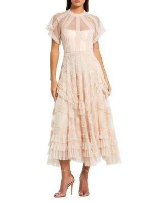 Flutter Sleeve Mesh Midi Dress with Micro Ruffles by MAC DUGGAL