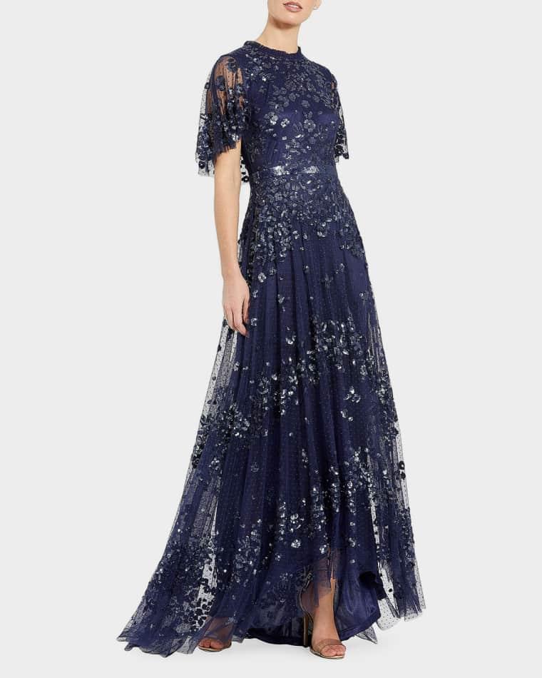 Flutter-Sleeve Sequin Tulle Gown by MAC DUGGAL