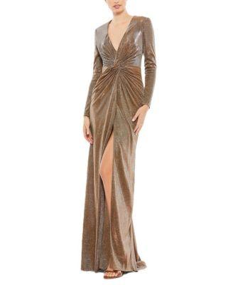 Front Twist V Neck Long Sleeve Gown by MAC DUGGAL